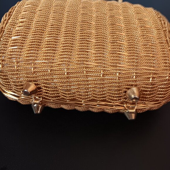 VINTAGE WOMEN'S SKALNY GOLD TONE METAL BASKET WEAVE HANDBAG - Picture 6 of 9